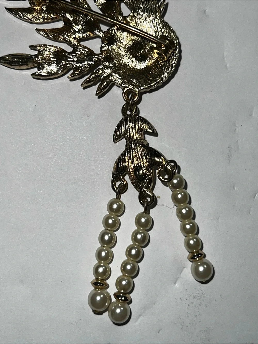Gold-Tone Pearl & Crystal Feather Statement Brooch